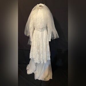 Ivory Round Neck Wedding Dress 2 Long Sleeves 4 Pieces Skirt 2 Bodices Veil NEW